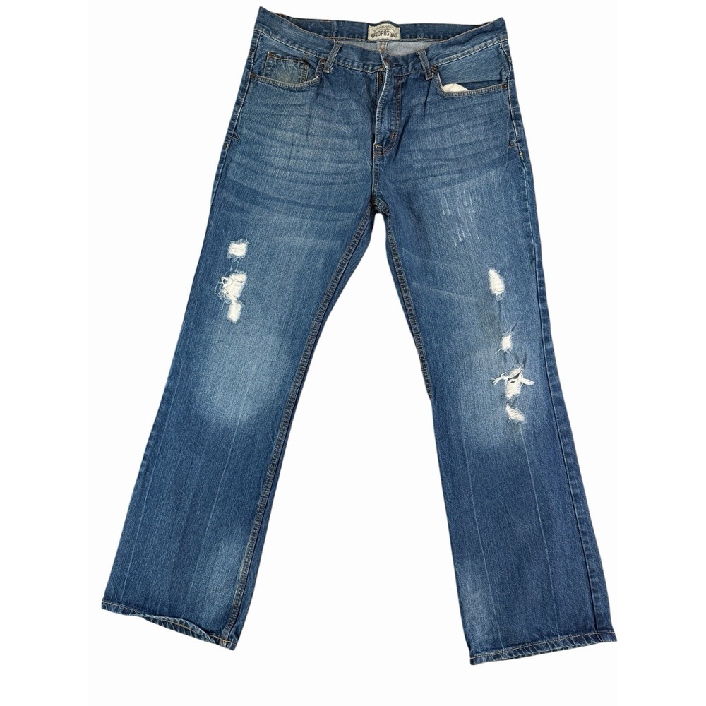 Aéropostale Men's Slim Bootcut Medium Wash Blue Cotton Denim Distressed Jeans 34
